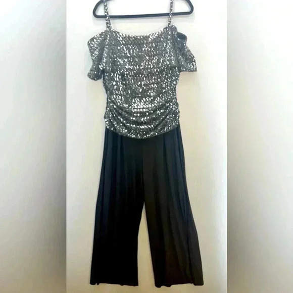 R&M Richards 1Pc Cold Shoulder Ruched Bodice sequined Jumpsuit occasion outfit - Picture 1 of 10
